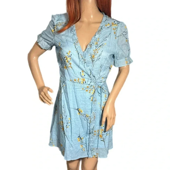 PEACH LOVE CALIFORNIA Women's Blue Floral Wrap Dress Size XS/S Short Sleeve - Picture 4 of 11